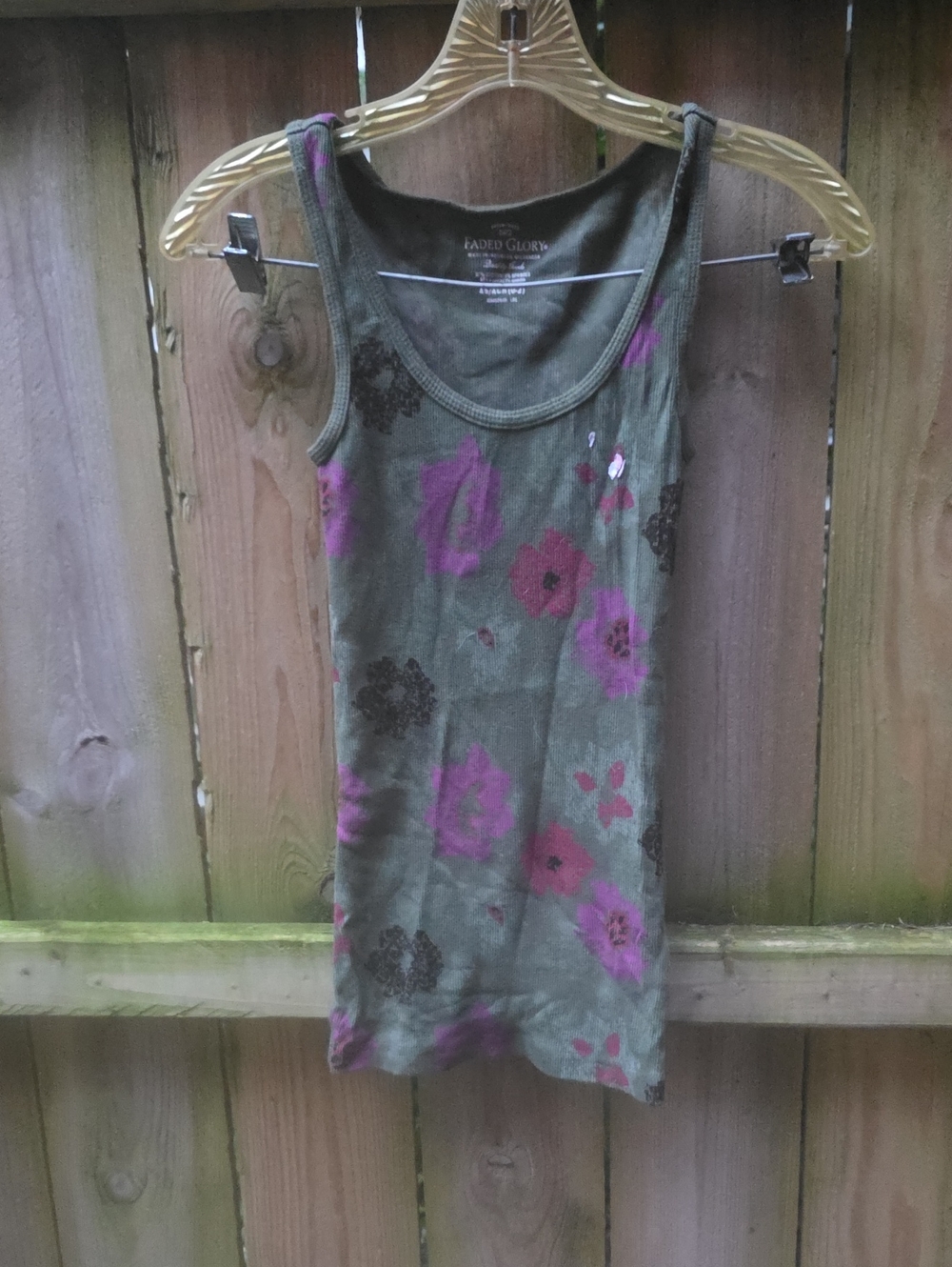 Faded Glory Olive Green Floral Scoop Neck Tank - Pink & Purple Flowers